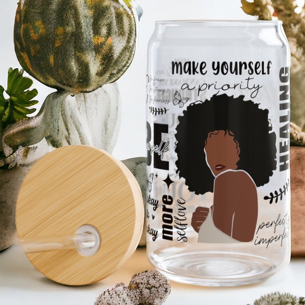 Make Yourself A Priority, Beer Glass Cup 16oz, Affirmation Cup, Self Care Cup, Coffee Cup, Ice Tea Cup, 16oz Clear Glass Cup