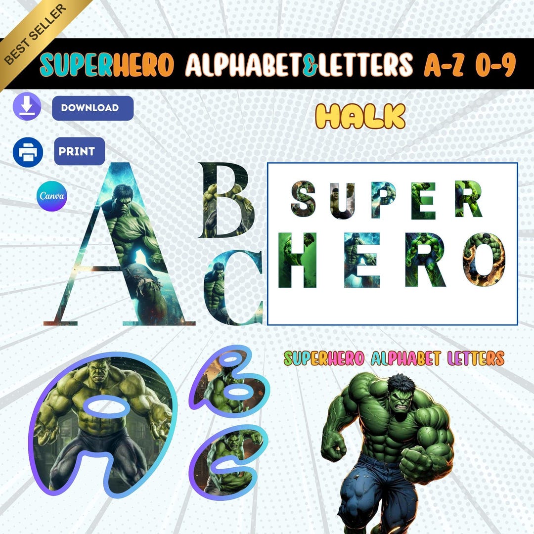 Hulk Letters Design Hulk Alphabet & Number PNG Font Set: Superhero Party Decor (digital ...