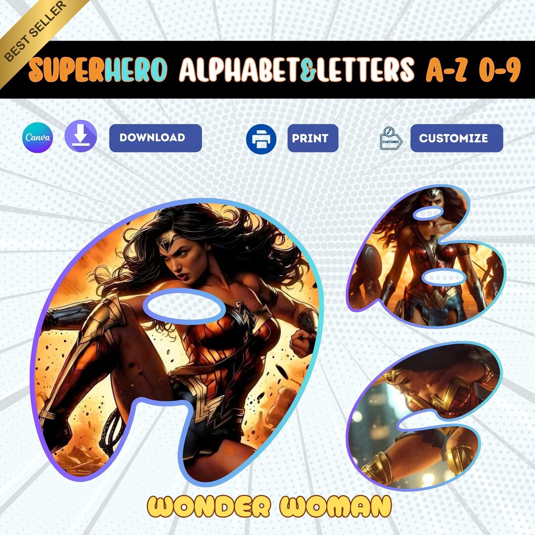 Wonder Woman Font Set: Superhero Alphabet & Numbers PNG (digital ...