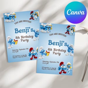 Invito di compleanno Puffo blu brillante modificabile, invito dei Puffi, invito di compleanno dei Puffi, invito di compleanno dei Puffi, invito per la festa dei Puffi