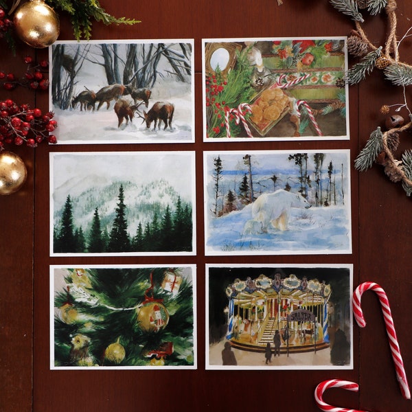 Paquete de 6 postales de Navidad, set de 6 ilustraciones navideñas e invernales, acuarelas de animales y motivos navideños