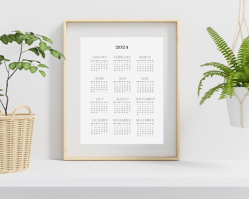 2024 Calendar Printable Year at a Glance Modern Calendar Wall Art