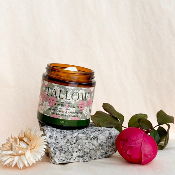 Tallow Flower Garden - Organic grass-fed beef tallow balm/cream from Germany (Lake Constance), floral smell with rose oil and jasmine oil