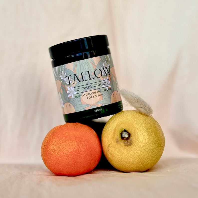 Tallow Citrus Circus: Körperbutter mit Bio Grassgefüttert Rindertalg Balm/Creme aus Deutschland Bodensee, Süßorangen& Vanilinöl 180 ml