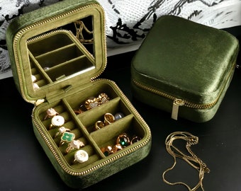 Caja de joyería de terciopelo / Caja de joyería de viaje delgada / Anillos y pendientes / Flip con espejo / Organizador de joyas / Caja de joyería verde