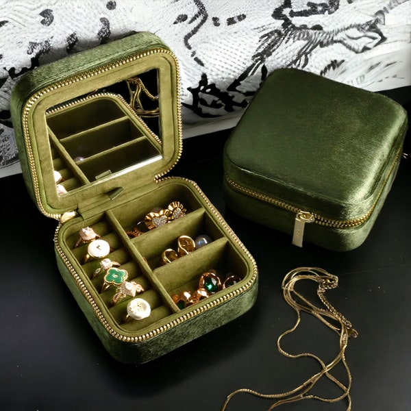 Velvet Jewelry Box | Slim Travel Jewelry Box |  Rings and Earrings | Flip with Mirror | Jewelry Organizer | Green Jewelry Box