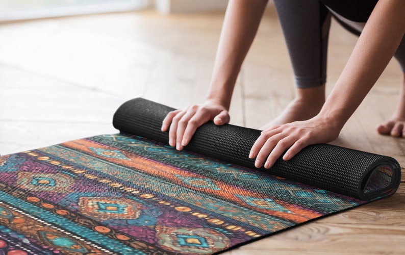 Beaded Boho Yoga Mat Vibrant Colors, Lightweight, Rubber Mat with Anti-Slip Backing image 4