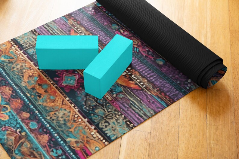 Beaded Boho Yoga Mat Vibrant Colors, Lightweight, Rubber Mat with Anti-Slip Backing image 3