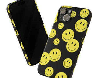 Black Slim Phone Case, Funny iPhone Case, Yellow Smileys