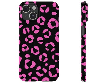 Black Slim Phone Case, iPhone Case for Girl, Pink Leopard Pattern