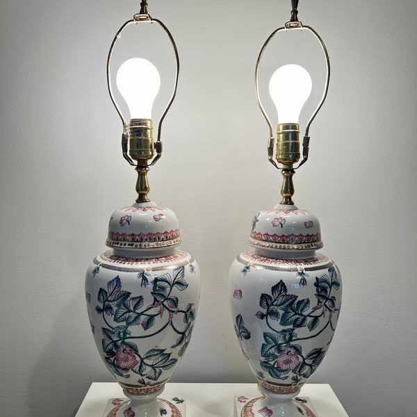 Vintage Chinoiserie Pink Gold and Green Floral Ginger Jar Table Lamps (Pair) + Asian Home Decor + Cottage Core + Preppy Style + Flower