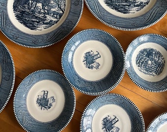 Vintage Currier and Ives Replacement China: 10" Dinner Plates, Small Berry Bowls, Teacups with Matching Saucers | Blue and White Dinnerware