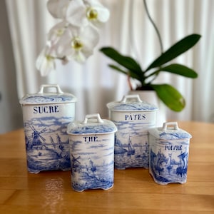Rare 19th century Delft French Farmhouse Jar Canisters I Blue and White Kitchen Vintage Decor I Cottage Kitchen | Ceramic Spice Jars