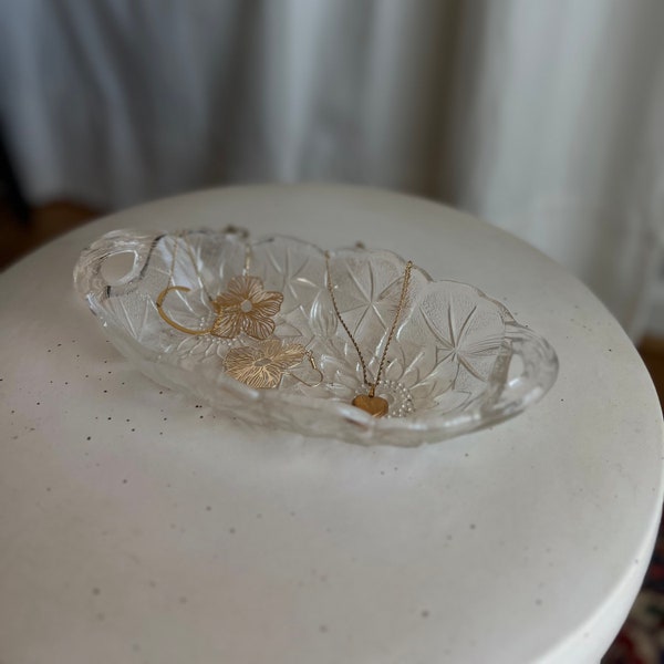 Indiana Glass Lily Pons Glass Trinket or Catch All Tray | Relish Serving Dish | Vintage Glassware | Floral Kitchenware | Servingware