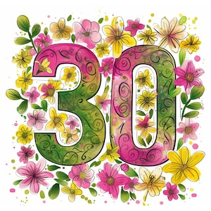 Tarjeta de cumpleaños número 30 - Feliz cumpleaños - 30 años, tarjeta para ella, tarjeta de cumpleaños número 30 para ella, tarjeta de felicitación, tarjeta de cumpleaños, flores, floral