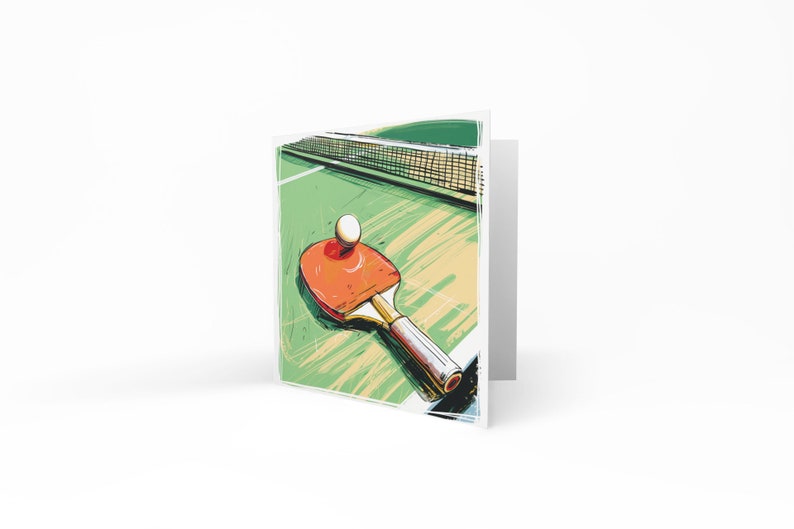May include: A red and black ping pong paddle with a white ball on the green table with a net.