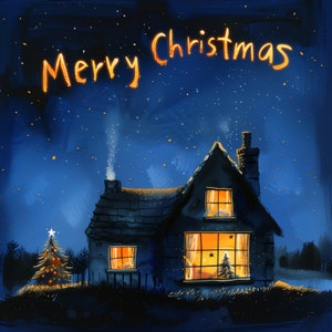 Cartolina di Natale, illustrazione di cottage accogliente, cartolina di buon Natale