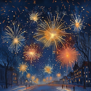 Tarjeta de felicitación de celebración: escena callejera con fuegos artificiales, impresionante obra de arte