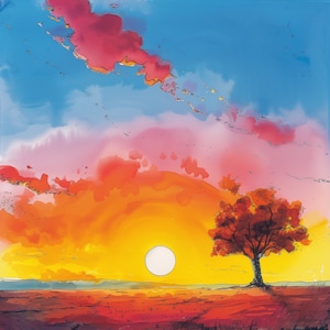 Wenskaart zonsondergang - prachtige kaart, blanco wenskaart, geweldige zonsondergangillustratie, prachtige landschapskaart