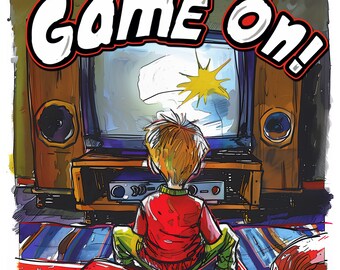 May include: A child sits in front of a vintage television set with the words "Game On!" written above it. The television is playing a cartoon with a bright yellow star. The child is wearing a red shirt and is looking at the television.