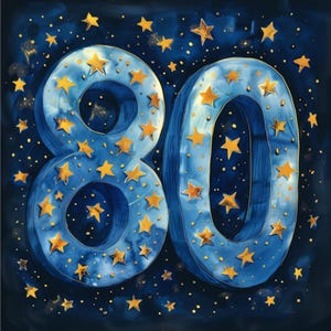 Tarjeta de cumpleaños número 80: estrellas doradas, n.º 80, cielo estrellado, tarjeta de feliz cumpleaños
