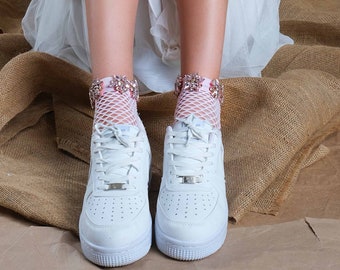 Ankle Length Fishnet Socks with Swarovski Embellishments, Embroidered Ankle Socks, Handmade Socks, Handcrafted Socks, Sparkling Stone Socks
