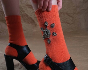 Handmade Winter Socks Embellished with Swarovski Crystals, Orange Color Socks, Handcrafted Embroidered Socks, Accessory Socks, Woman Sock