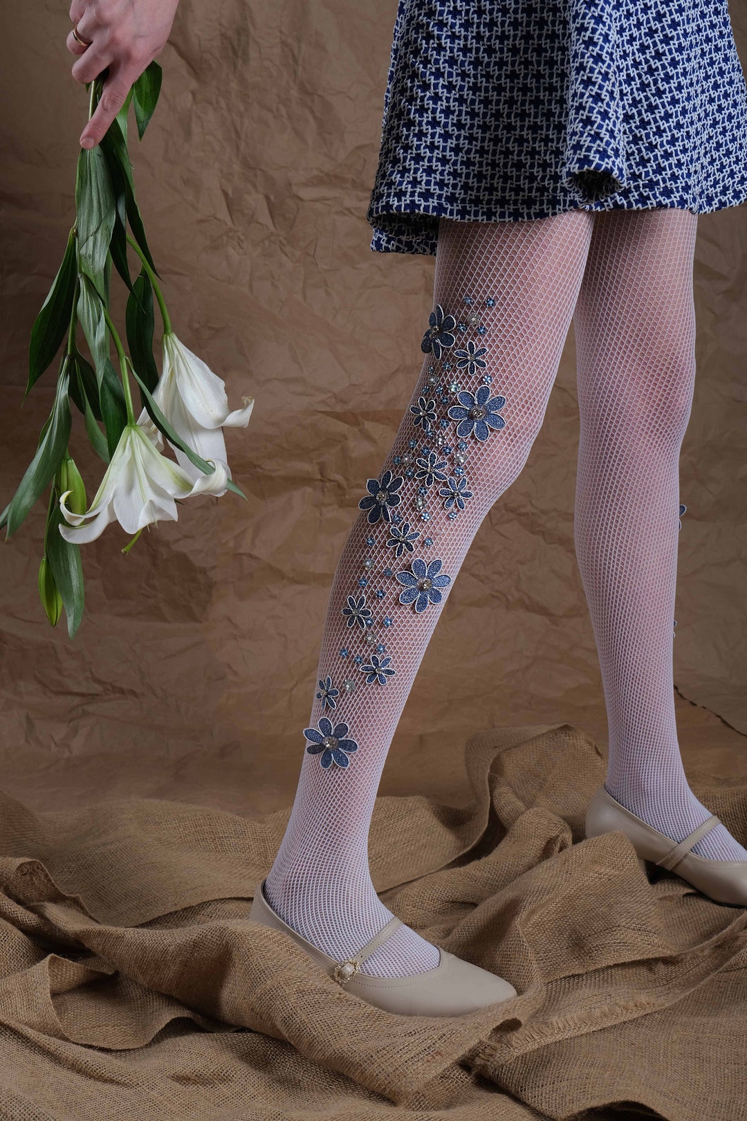 Daisy Embroidered Fishnet Stockings, Flower Wedding Vintage Pantyhose ...