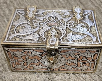 Antique Islamic Mamluk Middle Eastern  Koran Box , Trinket Box  , Chest Silver Copper Decoration