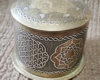 antique middle eastern lidded pot , silver decoration , trench art