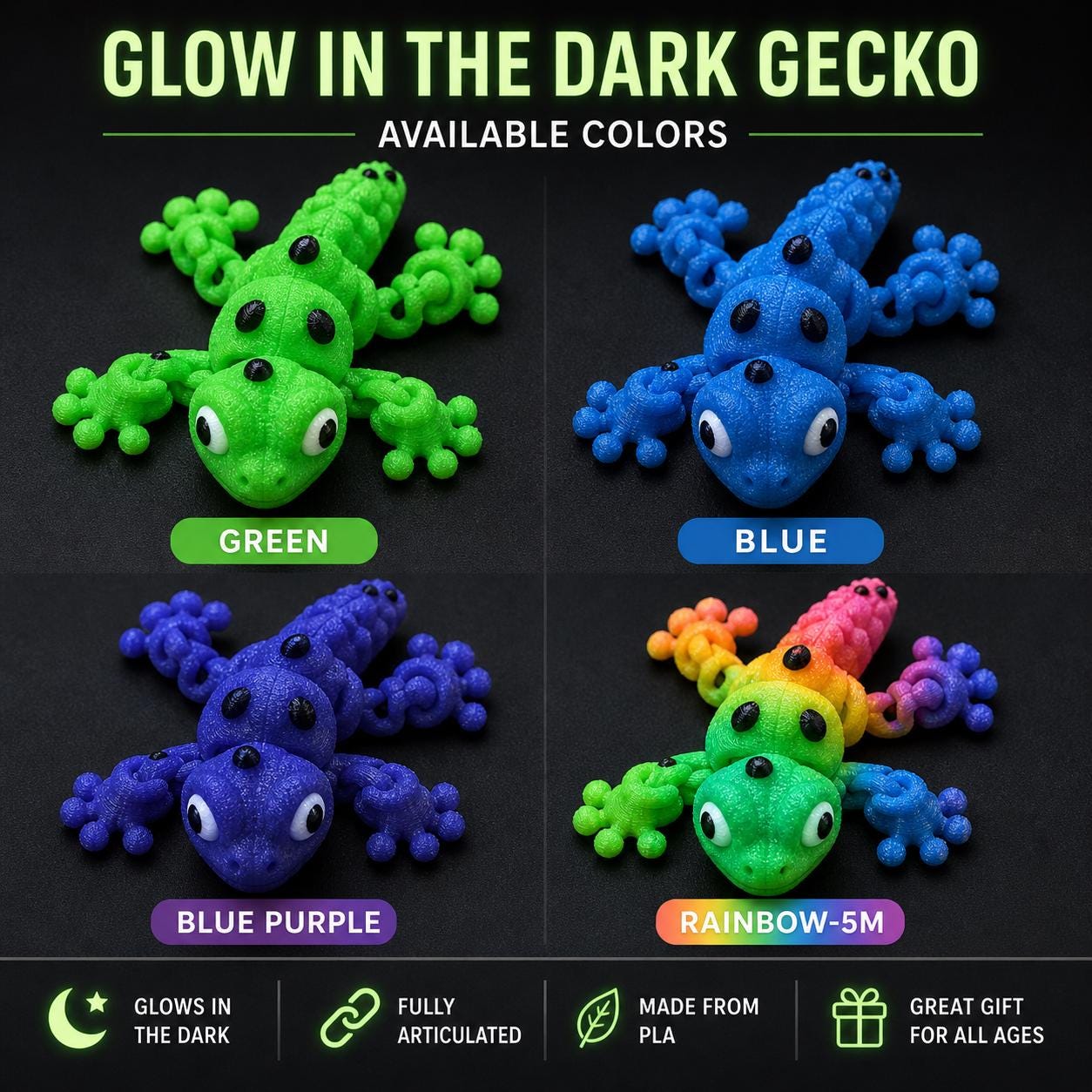 Colorful Gecko | 3D Printed Flexi | Glow in the Dark - Etsy