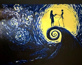 Jack & Sally Inspired Starry Night Canvas | Textured 3D Printed Art | Nightmare Before Christmas