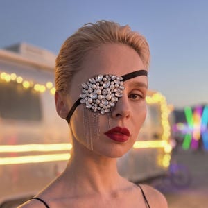 Unisex Festival Eye Patch, Crystal Pearl Eye Piece, Burning Man Face Jewelry, Rave Eye Mask, Boho Playa Accessory, Statement Burner Patch