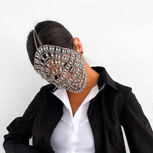 Full Face Metal Mask - Face Chain Accessory - Party/Club Mask - Crystal Face Mask for Unique Outfit - Silver Face Mask For Singer