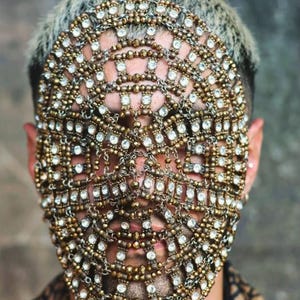 Full Face Metal Mask - Face Chain Accessory - Party/Club Mask - Crystal Face Mask for Unique Outfit - Gold Face Mask For Singer
