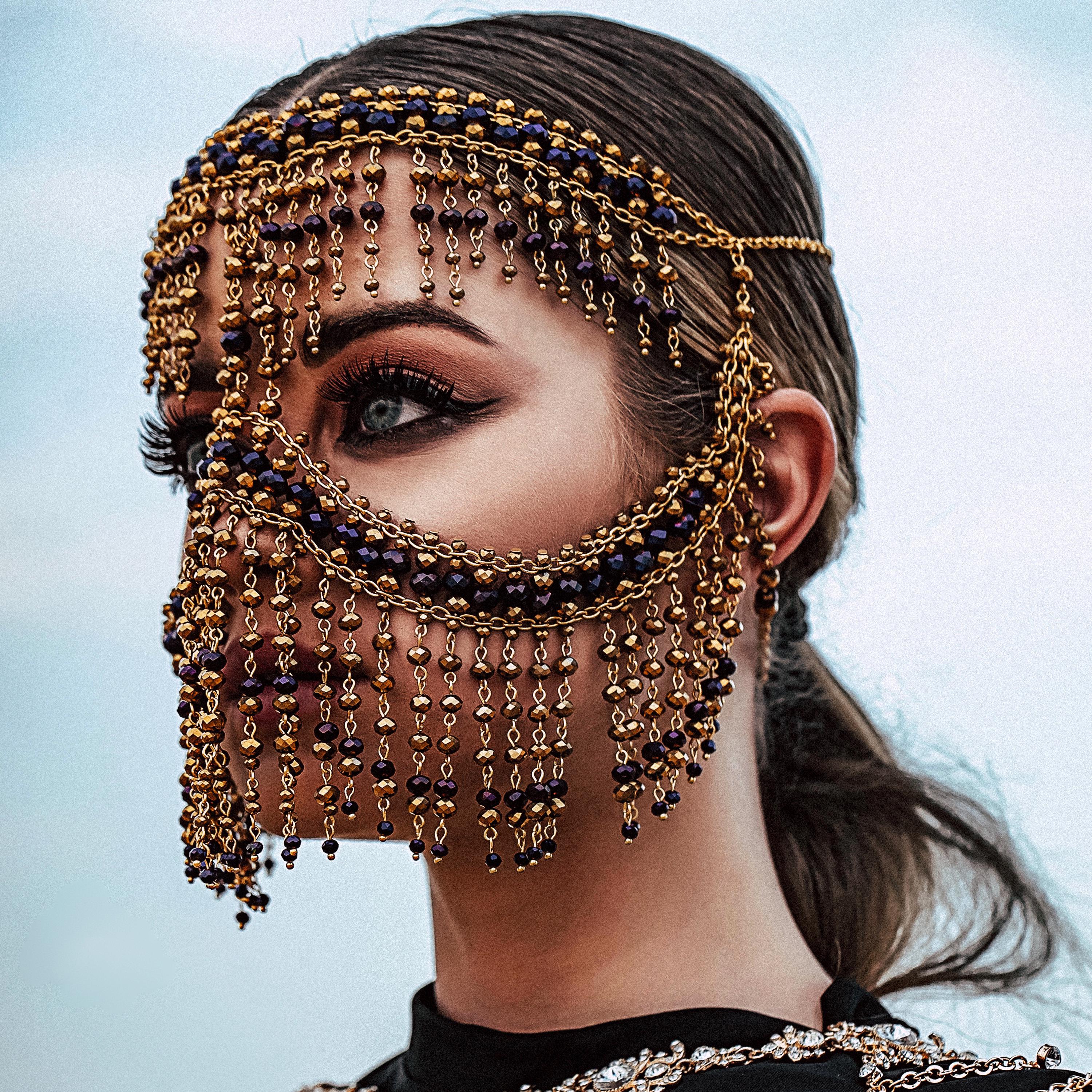 Tribal Face Chain - Golden Beaded Face Jewelry - Handmade Eastern-Style Dance Mask - Ethnic Style Face Accessory - Belly Dance Jewelry