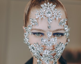 Máscara facial de cristal – Máscara integral para festivales – Tocado de diamantes de imitación hecho a mano – Máscara para atuendos bohemios de festivales – Joyería para múltiples ocasiones