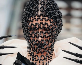 Mascarilla facial con cuentas negras: accesorio de joyería integral de vanguardia para presentaciones, festivales, pasarelas y sesiones fotográficas.