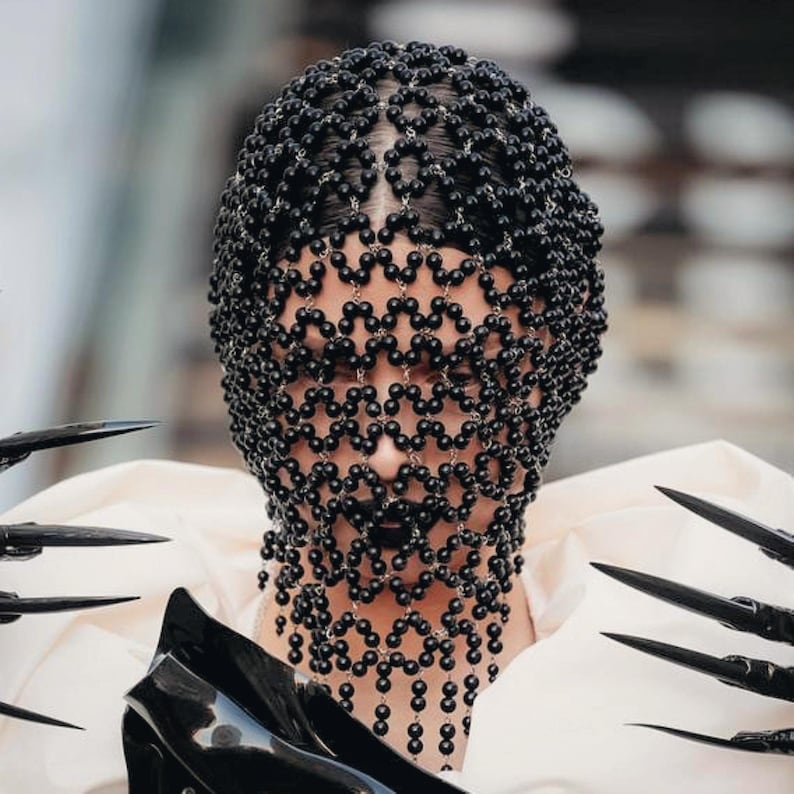Black Beaded Face Mask: Avant Garde Full Face Jewelry Accessory for ...