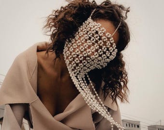 Máscara facial completa de perlas, joyería de perlas de vanguardia para sesiones de fotos, fiestas y bailes de máscaras.