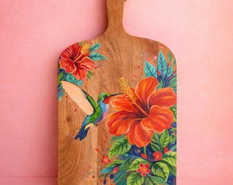 Tavola di legno dipinta a mano. Colibrì e fiori tropicali. Decorazione artigianale unica. Pezzo originale.