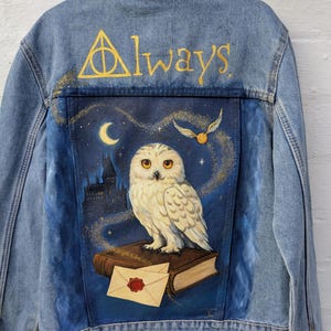 Hand painted denim jacket, magical owl design,  Wizard inspired jacket, Unique handmade clothing,  One of a kind wearable art