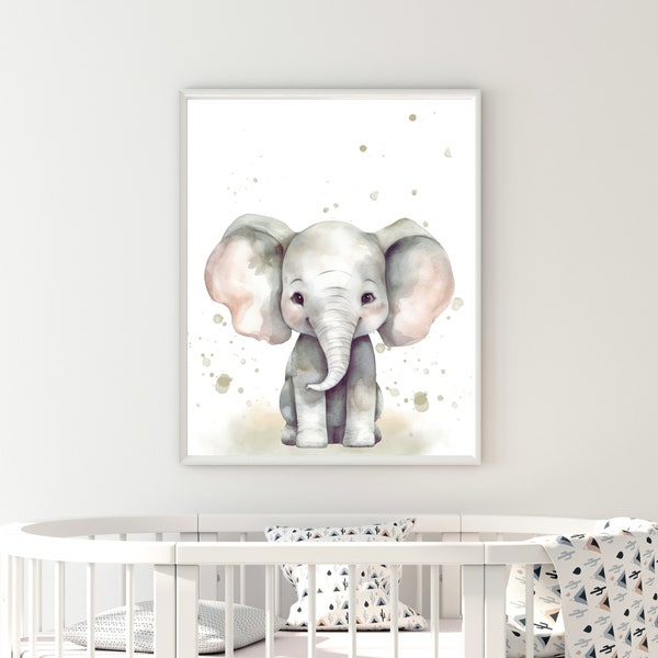 Baby Elephant Watercolour Print, Elephant Print, Nursery Wall Decor, Baby Room Decor, Neutral Nursery Idea, Nursery Poster, Digital Wall Art