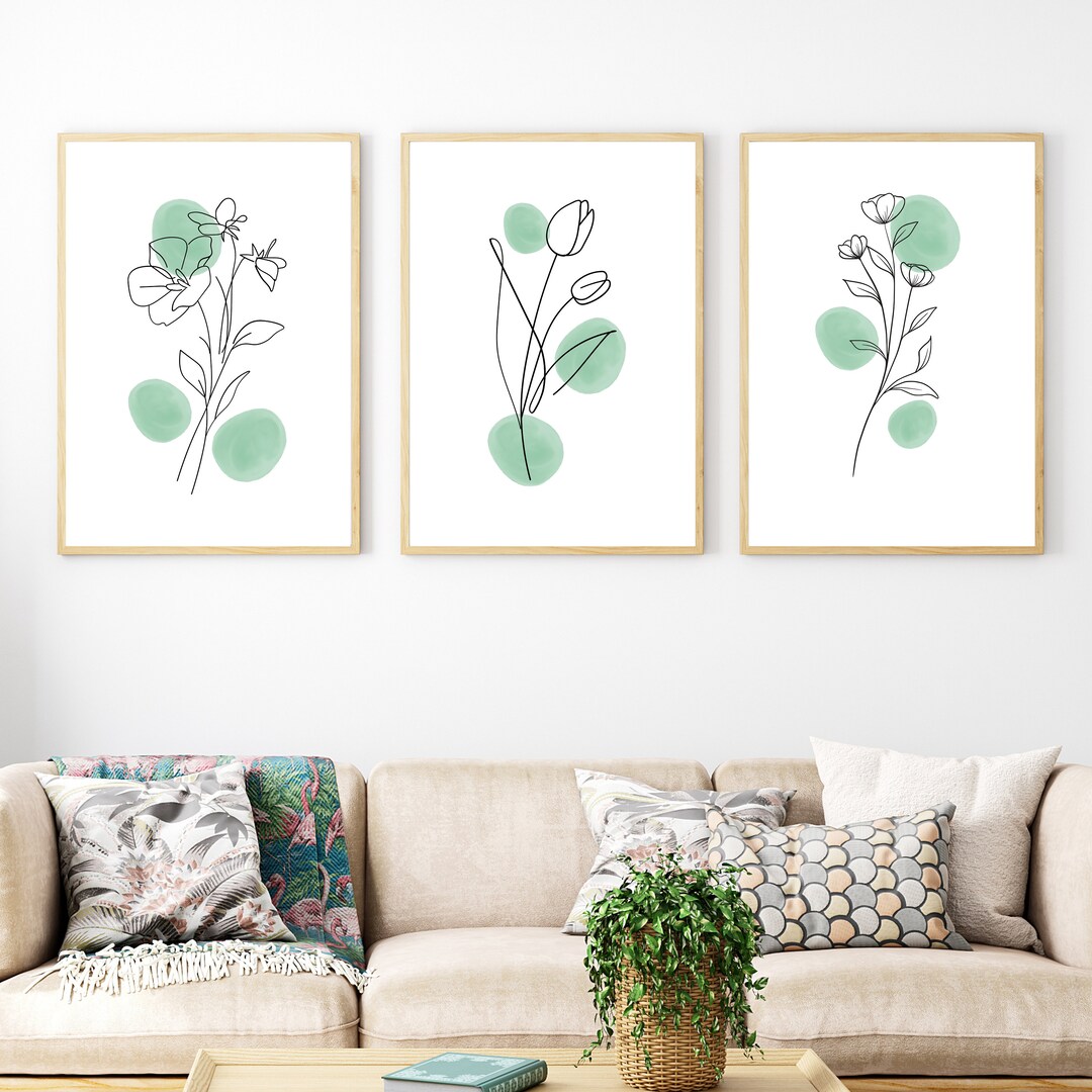 Boho Botanical Print Set of 3, Green Gallery Wall Art, Wild Flower ...