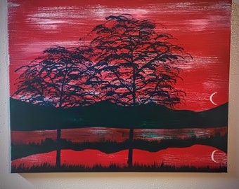 Two blue trees landscape painting | mountains | lake red crescent moon 16 inch by 20 inch