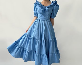 Blue Shoulders off Ruffles Cotton Gorgeous FurFur Dress