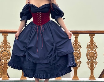 Navy Blue Shoulders off Ruffles Cotton Gorgeous FurFur Dress