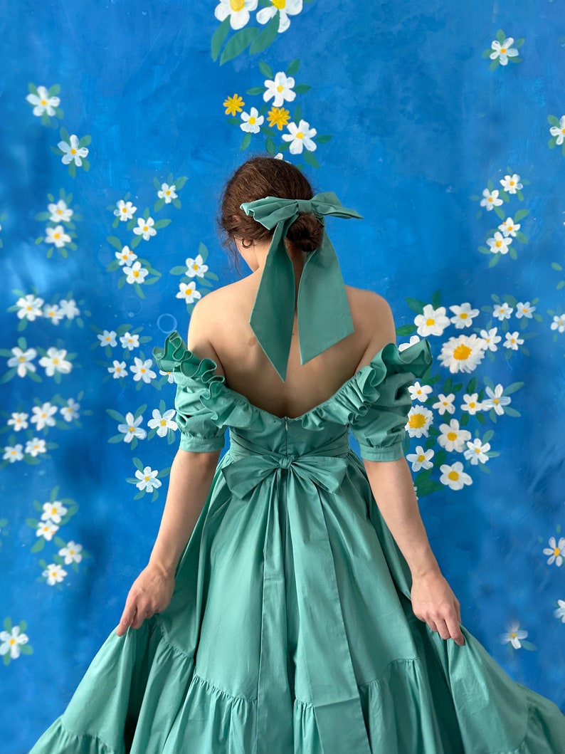 Teal Shoulders off Ruffles Cotton Gorgeous FurFur Dress image 3