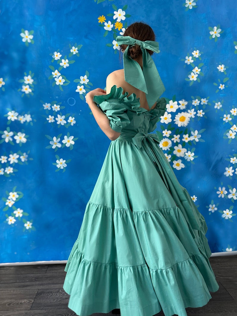 Teal Shoulders off Ruffles Cotton Gorgeous FurFur Dress image 1