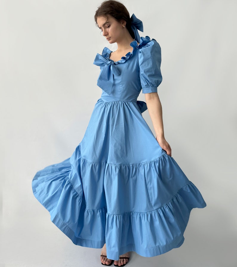 Blue Shoulders off Ruffles Cotton Gorgeous FurFur Dress image 6